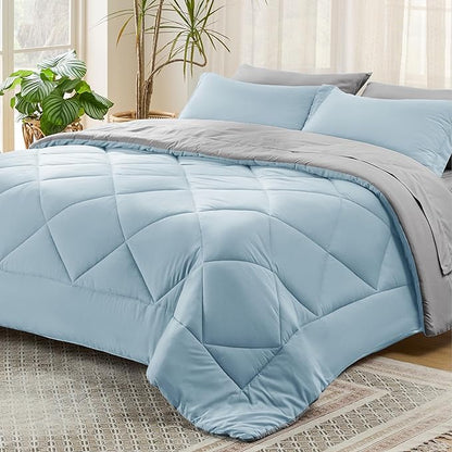 Bedsure Sky Blue Queen Comforter Set - 7 Pieces Reversible Queen Bed in a Bag Queen Bed Set with Comforters, Sheets, Pillowcases & Shams, Queen Bedding Sets