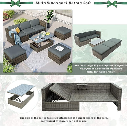 5 Pieces Patio Furniture Sets All Weather Wicker Rattan Sectional Sofa Outdoor Conversation with Adustable Backrest, Cushions, Ottomans and Lift Top Coffee Table for Poolside, Garden, Backyard