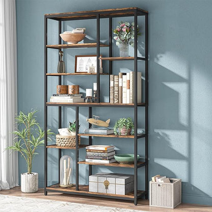 Modern 8-Tier Staggered Bookcase - 79 Inches Tall, Wide Wood Etagere Shelving Unit