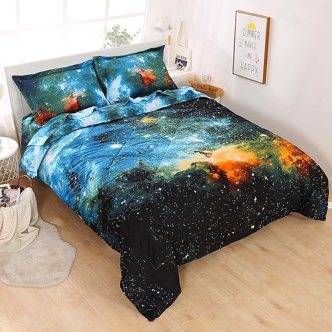 Wowelife Full Bedding Sets for Girls and Boys 5-Piece, Premium Galaxy Bed in a Bag, 3D Galaxy Comforter Set, Comfortable and Soft Kids Bedding Set(Full, Coloful Galaxy)
