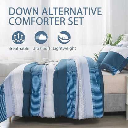 Andency Stripe Comforter Set Twin Size (66x90 Inch), 2 Pieces Navy Patchwork Striped Comforter, Soft Microfiber Down Alternative Comforter Bedding Set with Corner Loops