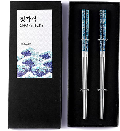 Hagary Blue Wave Chopsticks 2 Pairs Metal Chopsticks Reusable Designed In Korea Japanese Style Stainless Steel 316 18/10 Non-Slip Dishwasher Safe