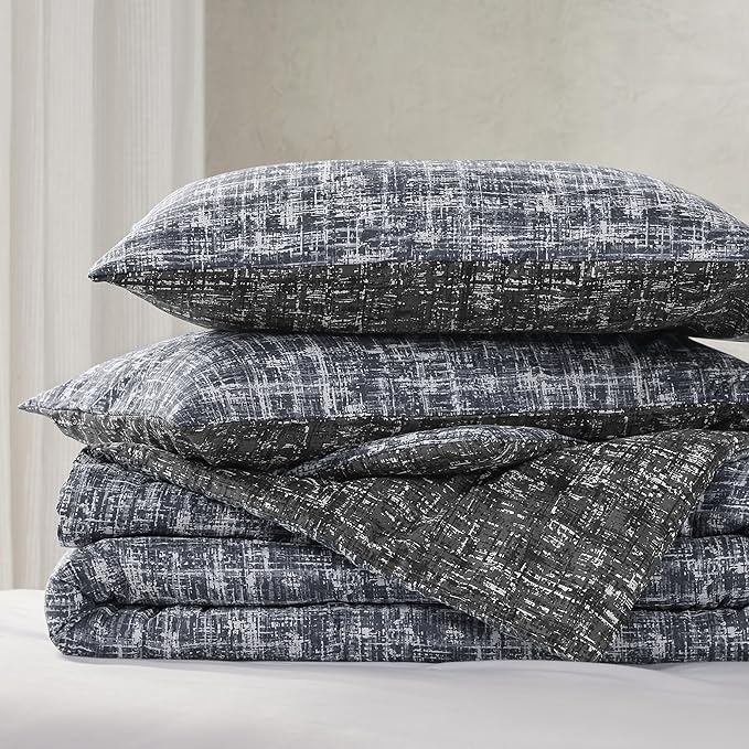 Hyde Lane Mens Full/Queen Comforter Set, Grey Modern Farmhouse Aesthetic Soft masculine Bedding, Plaid Lines Pattern Bed Sets for All Season, 3 Pieces includes 1 Comforter, 2 Shams (90"x 90")