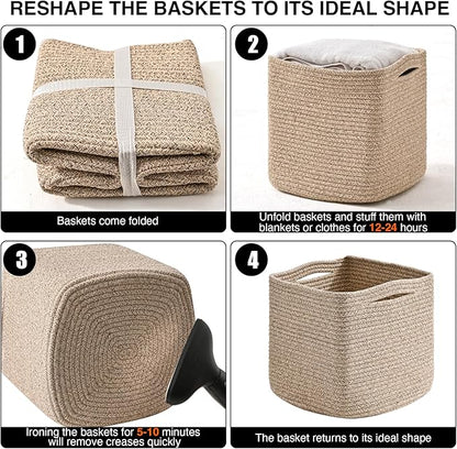 11 Inch Cube Storage Bins, Storage Cube Organizer Bins, Woven Cotton Rope Baskets for Storage, Storage Basket for Organizing Shelves, Square Baskets for Toys Nursery, Brown (Pack of 3)