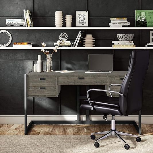 SIMPLIHOME Hampden SOLID ACACIA WOOD Modern Industrial 60 Inch Wide Desk in Weathered Grey, For the Office Desk, Writing Table, Workstation and Study Table