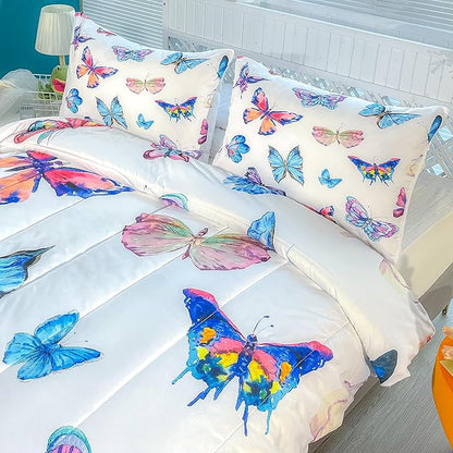 CVHOUSE Bedding Set, Queen, Butterfly Design for Girls Kids Teens, 1 Comforter and 2 Pillow Cases