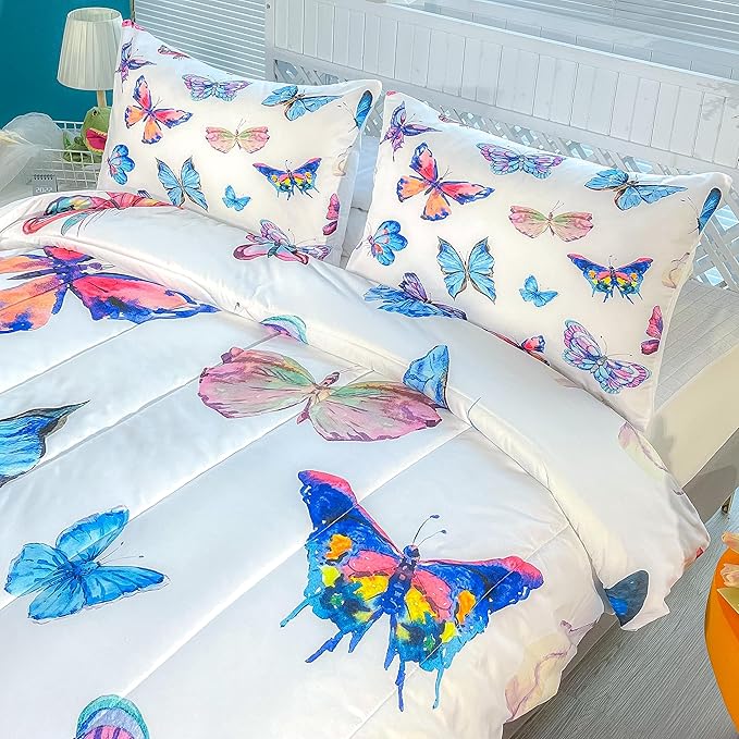 CVHOUSE Bedding Set, Full Size, Butterfly Design for Girls Kids Teens, 3Pcs Including Comforter and 2 Pillowcases