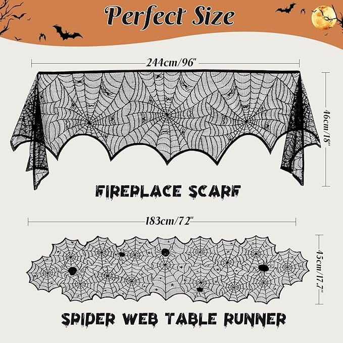 3 Pack Halloween Decorations Sets, Black Lace Spider Webs Table Runner & Halloween Cobweb Fireplace Scarf with 120 pcs 3D Bat for Halloween Indoor Decors Party Supplies
