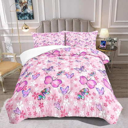 Kids Butterfly Comforter Set - Butterfly Full Bedding Set Pink Butterflies Prints Bedding Set for Girls Room Cute Princess Bedding Sets for All Season Butterfly Bed Set, 1 Comforter + 2 Pillowcases