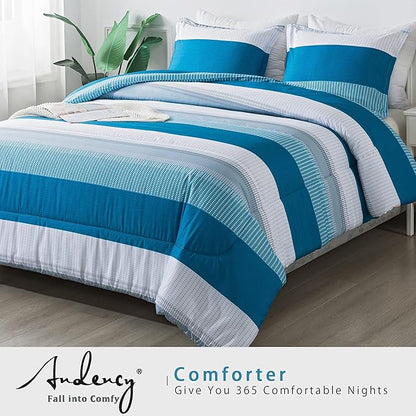 Andency Stripe Comforter Set Queen Size (90x90 Inch), 3 Pieces Teal Patchwork Striped Comforter, Soft Microfiber Down Alternative Comforter Bedding Set with Corner Loops