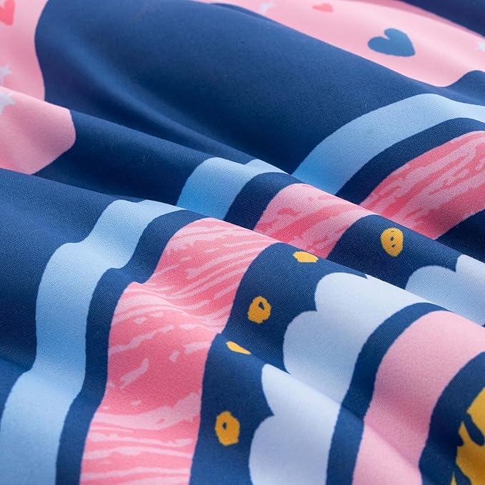 Btargot Lightweight Soft 3 Piece Rainbow Comforter Set with 2 Pillow Covers, Cartoon Love Hearts Suns and Stars Bedding Set for Girls Boys Kids, Twin Dark Blue