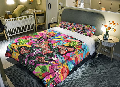 Sunnycitron 3D Colorful Mushroom Comforter set Colorful Mushroom Bedding Full size Mushroom Eyes Pattern Print Comforter Sets- All-Season (1 Comforter + 2 Pillowcases),Easy-Wash Fade Resistant