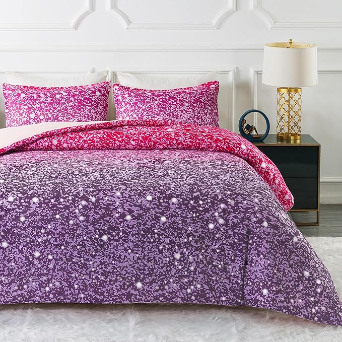 Litanika Galaxy Comforter Queen(90x90lnch), 3 Pieces(1 Purple Glitter Ombre Comforter, 2 Pillowcases), 3D Colorful Rainbow Bedding Set, Microfiber Comforter Set for Kid Boy Girl Teen