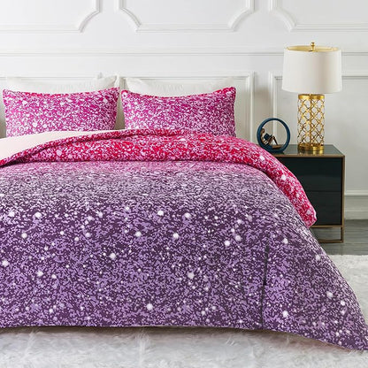Litanika Galaxy Comforter Queen(90x90lnch), 3 Pieces(1 Purple Glitter Ombre Comforter, 2 Pillowcases), 3D Colorful Rainbow Bedding Set, Microfiber Comforter Set for Kid Boy Girl Teen