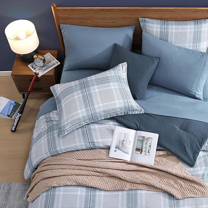 Light Blue Bedding Sets Full, Plaid Full Size Comforter Sets for Boys & Girls,Classic Homestead-style Comforter Full Size with Full Size Bed Sheets and Comforter Set
