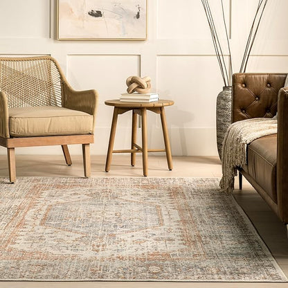 nuLOOM 4x6 Machine Washable Rain Haven Vintage Medallion Area Rug, Light Grey, Traditional Faded Design, Non-Slip Backing, Stain Resistant, For Bedroom, Dining Room, Living Room, Kitchen