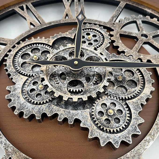 HOIBAI Clocks for Living Room Decor, Large Wall Clock 24 in (60cm) Clocks Wall Decor, Moving Gear Wall Clock, Farmhouse Vintage Industrial Oversized