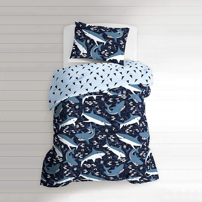 Dream Factory Sharks Boys Full Queen Size Boys Bedding Set Cotton Kids Comforter Set with Sham, 3 Piece, Full/Queen, Navy