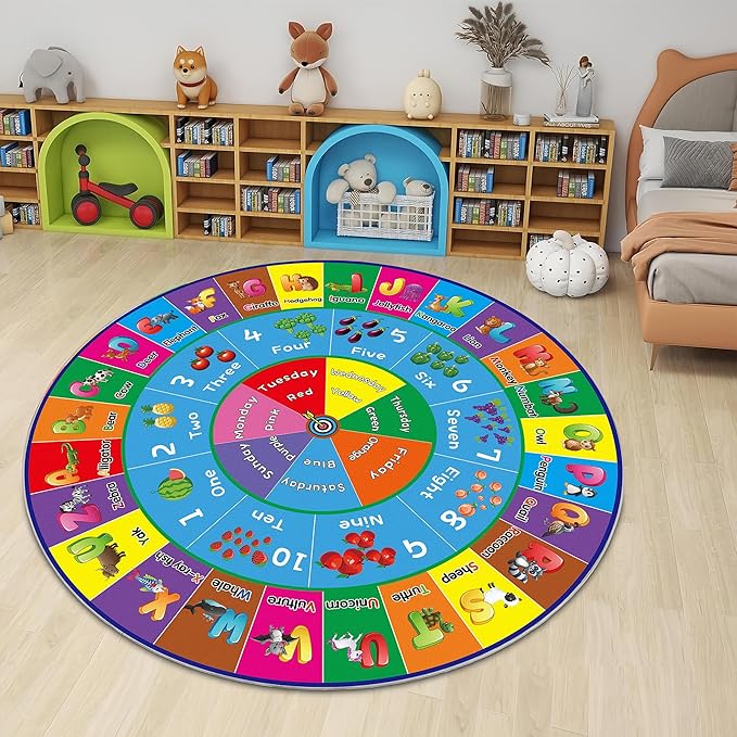 ABC Rug, ABC Play Mat for Kids Playroom, Round Alphabet Floor Mat,Classroom Elementary Preschool Rugs wtih ABC, Numbers, Animals - 47inch