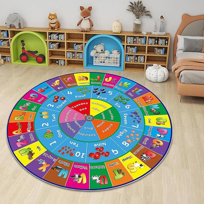 ABC Rug, ABC Play Mat for Kids Playroom, Round Alphabet Floor Mat,Classroom Elementary Preschool Rugs wtih ABC, Numbers, Animals - 47inch