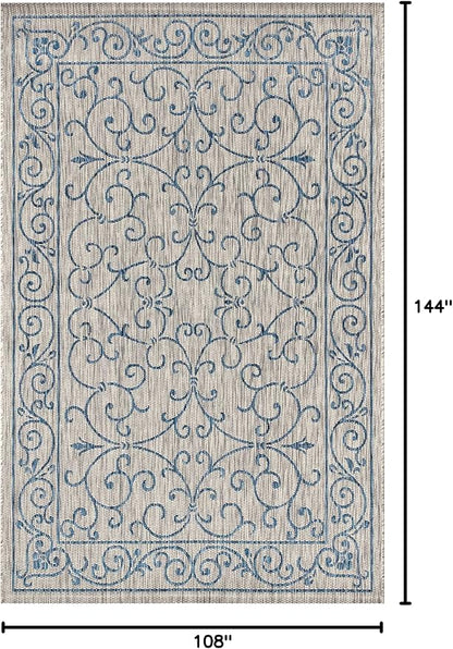 JONATHAN Y Vintage Filigree Indoor Outdoor Area Rug 9X12 Gray/Navy, Charleston Textured Weave for Backyard, Patio, Porch, Easy-Cleaning, High Traffic, Pet-Friendly, Non-Shedding (SMB106C-9)
