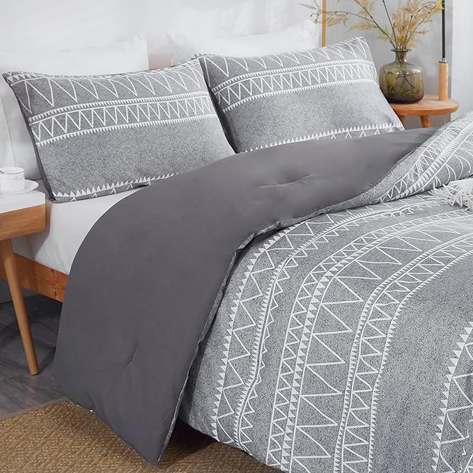 Boho Grey Stirped Comforter Set Twin for Kids Adult, 2 PCS Reversible Bedding Set Gray Comforter with 1 Pillow Sham, Lightweight Breathable for All Seasons(Twin,66x90inches)