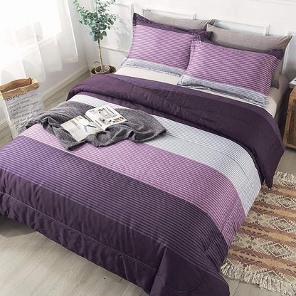 Andency Stripe Comforter Set Queen Size (90x90 Inch), 3 Pieces Purple and Gray Patchwork Striped Comforter, Soft Microfiber Down Alternative Comforter Bedding Set with Corner Loops