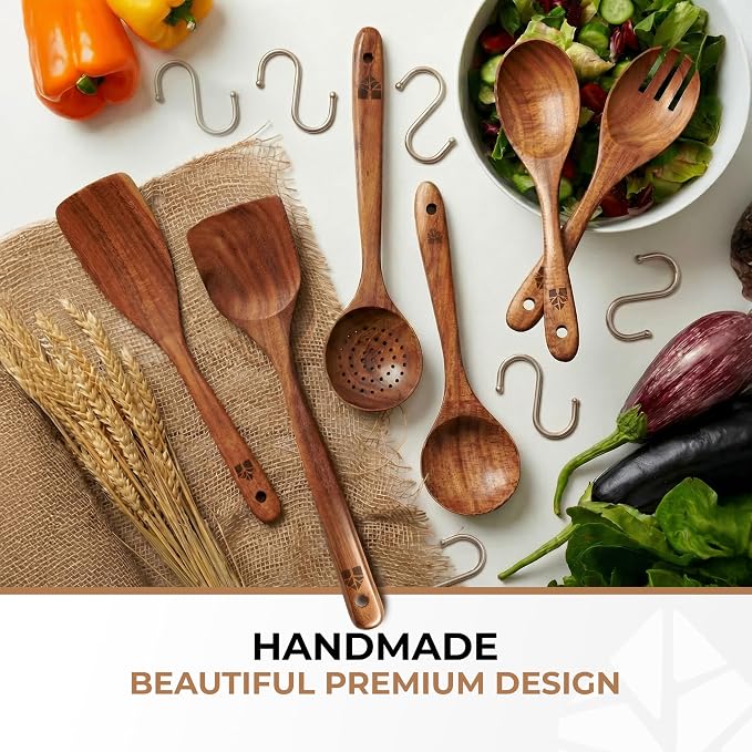 Wooden Spoons for Cooking – 6 Pcs Premium Teak Wooden Utensil Set | Durable, Nonstick Safe, Heat Resistant & Easy to Clean with Ergonomic Handles