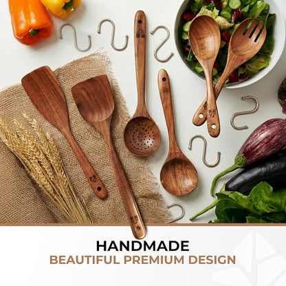 Wooden Spoons for Cooking – 6 Pcs Premium Teak Wooden Utensil Set | Durable, Nonstick Safe, Heat Resistant & Easy to Clean with Ergonomic Handles