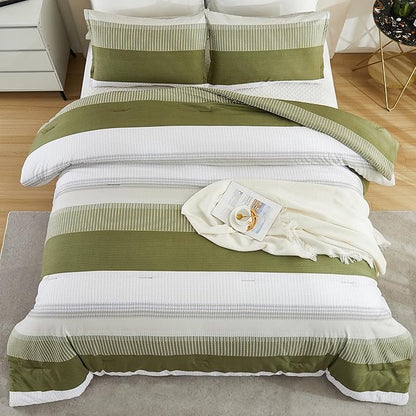 Litanika Olive Green Comforter Set Queen - 3 Pieces Lightweight Olive Green White Colorblock Stripe Fluffy Bedding Comforter Sets, All Season Bed Set