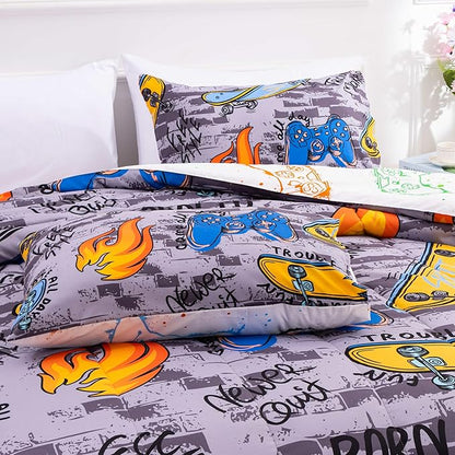 Btargot Gaming Stone Pattern Comforter Set for Boys Girls Kids, 3 Pieces Reversible Skateboard Game Console Flame Painting Bedding Set, Grey Full