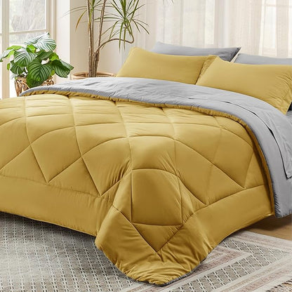 Bedsure Mustard Yellow California King Comforter Set - 7 Pieces Reversible Cal King Bed in a Bag, Cal King Mustard Yellow and Grey Bed Set with Comforters, Sheets, Pillowcases & Shams