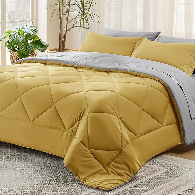 Bedsure Mustard Yellow Queen Comforter Set - 7 Pieces Reversible Queen Bed in a Bag, Queen Bed Set Mustard Yellow and Grey with Comforters, Sheets, Pillowcases & Shams