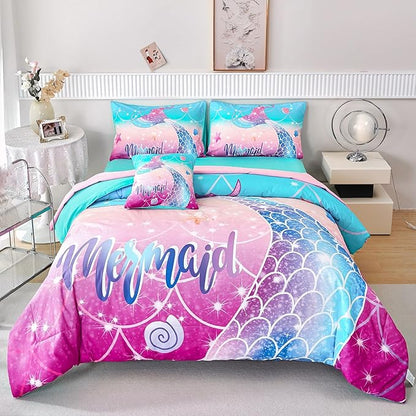 RYNGHIPY Kids Girls Comforter Set 6Pcs, Mermaid Bed in a Bag Queen Size, Fish Tail Print Teens Girls Bedding Set, Rainbow Bedding Collections
