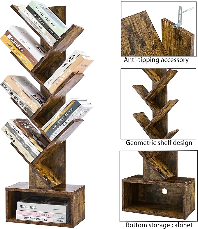 Hoctieon 6 Tier Tree Bookshelf, Tall Bookcase with Drawer, Freestanding Book Shelf, Display Floor Standing Storage Shelf, Book Organizer Shelves for Home Office, Rustic Brown