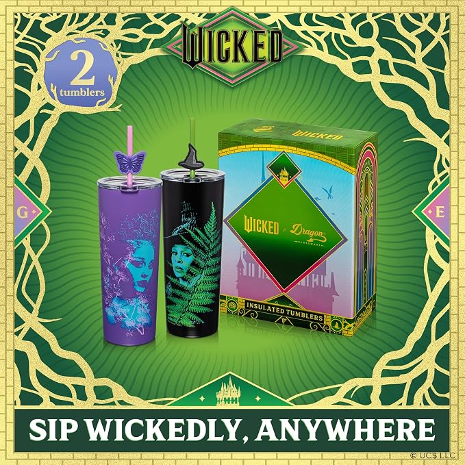 Dragon Glassware x Wicked: For Good Stainless Steel Tumbler, 24 oz 2-Pack | Set of 2 Vacuum Insulated Stainless Steel Wicked Cups with Lids & Straws; With Straw Charm; Official Wicked Merch