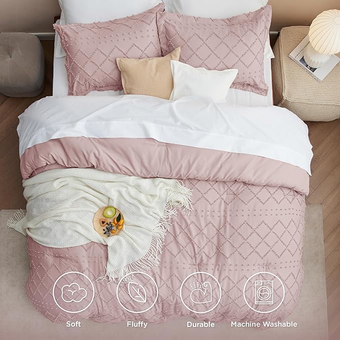 Bedsure Twin/Twin XL Comforter Set - Dusty Rose Boho Twin Extra Long Comforter Set for College, Shabby Chic Dorm Bedding Set, 2 Pieces Modern Farmhouse Bed Set, includes 1 Pillow Sham