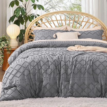 Bedsure Full Size Comforter Set - Grey Comforter, Boho Tufted Shabby Chic Bedding Comforter Set, 3 Pieces Vintage Farmhouse Bed Set for All Seasons, Fluffy Soft Bedding Set with 2 Pillow Shams