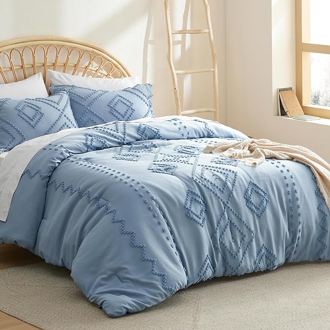 Bedsure Boho Comforter Set Full - Mineral Blue Tufted Bedding Comforter Set, 3 Pieces Farmhouse Shabby Chic Embroidery Bedding Set, Soft Geometric Pattern Comforter for All Seasons