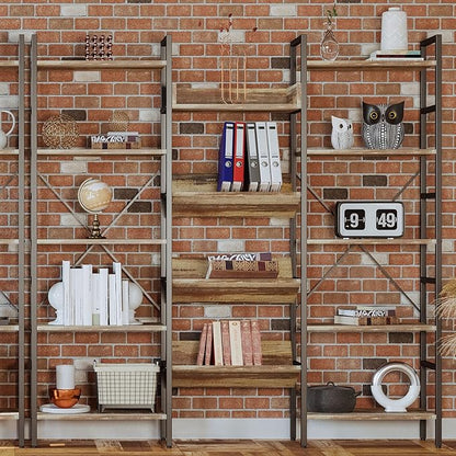 IRONCK Bookcases and Bookshelves Triple Wide 5 Tiers Industrial Bookshelf, Large Etagere Bookshelf Open Record Player Shelves with Metal Frame for Living Room Home Office