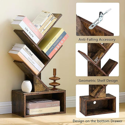 Hoctieon 3 Tier Tree Bookshelf, Small Bookcase with Drawer, Desktop Book Shelf, Display Floor Standing Storage Shelf, Book Organizer Shelves for Home Office, Rustic Brown