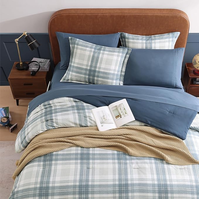 Blue Comforters Queen Size, Plaid Queen Bed Set for Boys & Girls,Classic Homestead-style Queen Size Comforter Sets with Sheets and Comforter Set