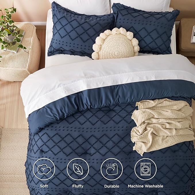 Bedsure Full Size Comforter Set - Navy Blue Comforter, Boho Tufted Shabby Chic Bedding Comforter Set, 3 Pieces Vintage Farmhouse Bed Set for All Seasons, Fluffy Bedding Set with 2 Pillow Shams