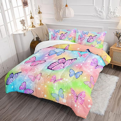 Datura home Bedding Comforter Set Rainbow Watercolor Printed Pattern Quilt Bedding Set with 1 Comforter and 2 Pillowcases for Girls Bedroom All Season(Butterfly Watercolor Twin)