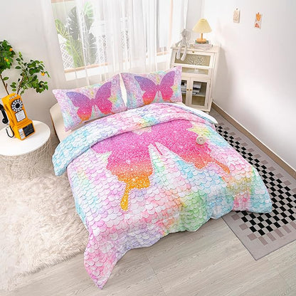 CVHOUSE Butterfly Bedding Set,Butterfly Comforter King,Butterfly Comforter Set for Girls Kids Teens,Butterflies Quilt Set with 1 Comforter and 2 Pillow Cases- 3 Piece