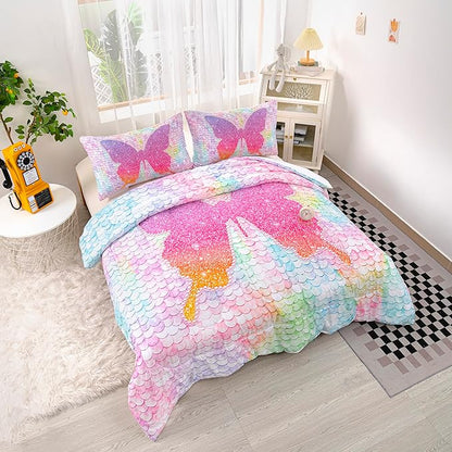 CVHOUSE Butterfly Bedding Set,Butterfly Comforter Twin,Butterfly Comforter Set for Girls Kids Teens,Butterflies Quilt Set with 1 Comforter and 2 Pillow Cases- 3 Piece