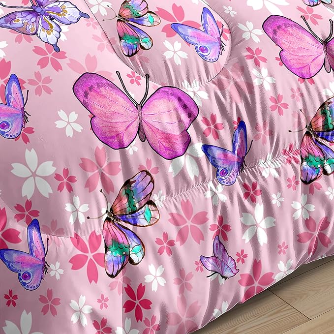 Kids Butterfly Comforter Set - Butterfly Twin Bedding Set Pink Butterflies Prints Bedding Set for Girls Room Cute Princess Bedding Sets for All Season Butterfly Bed Set, 1 Comforter + 1 Pillowcase
