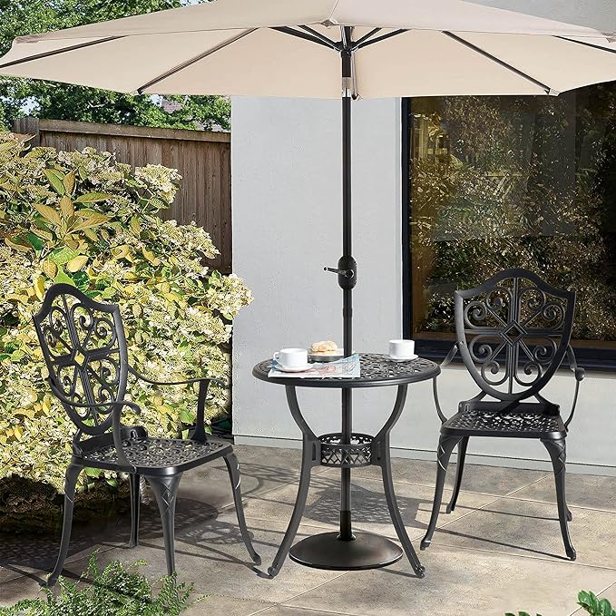 Nuu Garden Bistro Set 3 Piece Outdoor, Cast Aluminum Patio Bistro Sets with Umbrella Hole, Bistro Table and Chairs Set of 2 for Patio Backyard