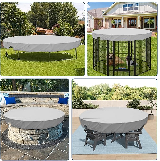 ECOOPTS 9 ft Waterproof Round Polyester Pool Cover for Above Ground Pools, Swimming Pool Cover Protector Winter Safety Cover (Light Grey)
