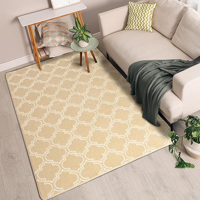 Chicrug Shag Geometric Modern Area Rug for Living Room, 3x5 Feet Large Memory Foam Indoor Carpet, Fluffy Rug for Bedroom Bedside Room Decor for Family Girls Kids Nursery, Beige/White